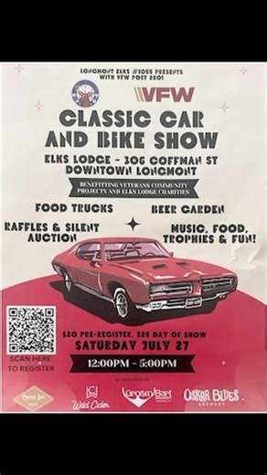 Check out this weekend’s Classic Car and Bike Show sponsored by Longmont Elks Lodge 1055 and Longs Peak VFW Post 2601. We are excited and grateful to be receiving proceeds from the event along with Elk’s Lodge Charities! See you there, Longmont! Details: Sign up using QR code on poster below, or check the link in our bio for the website. $20.00 to register now, $25 the day of Saturday, July 27 @ 12-5pm Elk’s Lodge, 306 Coffman St, Downtown Longmont #vcpoflongmont #onelesshomelessveteran #longmon