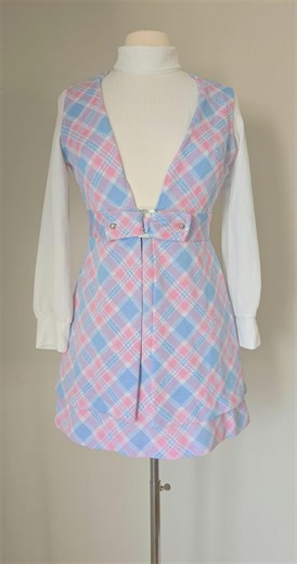 1970s Pastel Plaid 2pc Mod Mini Dress Set / 60s 70s Turtleneck Mini Dress With Long Vest / Pink Blue Cotton Candy Plaid Mini, M - Etsy