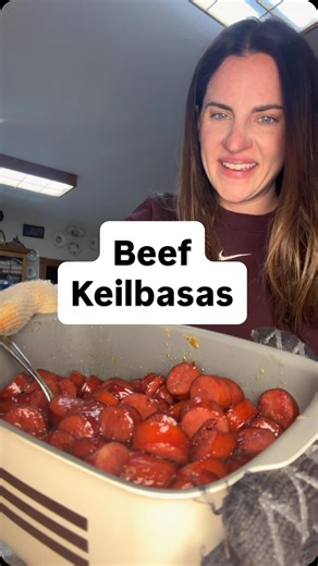 Sarah marie on Instagram: "The best beef kielbasas recipe! Ingredients: 4 beef kielbasas 3 cups packed dark brown sugar 4 tbsp white vinegar 4 tbsp yellow mustard 2 tsp black pepper How to: In a 9 x 13 metal pan add brown sugar, white vinegar, black pepper, and mustard. Mix until well combined. Add pan to the stovetop and put on medium heat until mixture is easy to stir and more liquidy. Cut kielbasas 1/2 inch thick and add to your pan with the brown sugar mixture. Stir until they are all coated