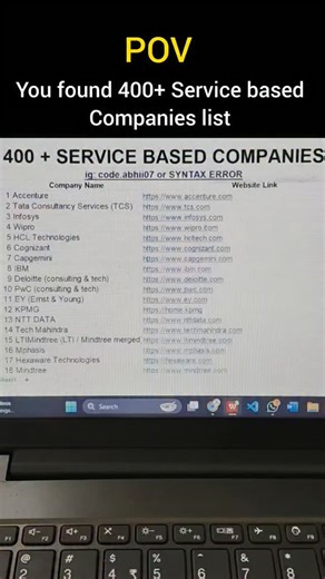 SYNTAX_ERROR • Abhishek • Freelancer on Instagram: "400+ service based company list 🚨🔥❤️‍🔥 Comment: "service" to get a direct link #servicebasedcompany #infosys #syntaxerror #dsa #syntaxerrrorbyabhishek"