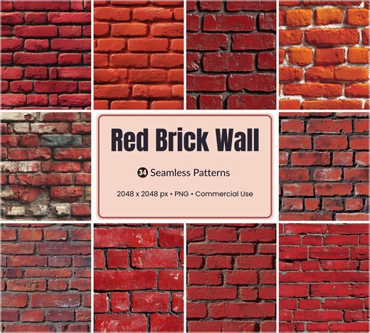 34 Red Brick Wall Seamless Patterns PNG Textures | Masonry Digital Paper | 2048x2048 | Procreate & Canva Scrapbook Backdrop | Commercial Use - Etsy