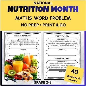 National Nutrition Month Math Pack – 40 Word Problems with Answers (Grades 2–8)