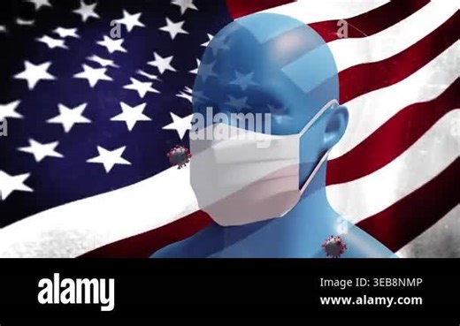 Animation of coronavirus Covid 19 cell bouncing off face mask on model of human head against waving US flag. Protection against coronavirus Covid 19 during pandemic digital composite.