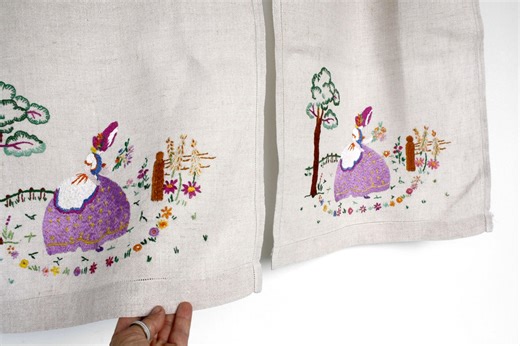 Vintage Embroidered Linen Cafe Curtains Country Cottage Window Panels With Crinoline Lady - Etsy UK