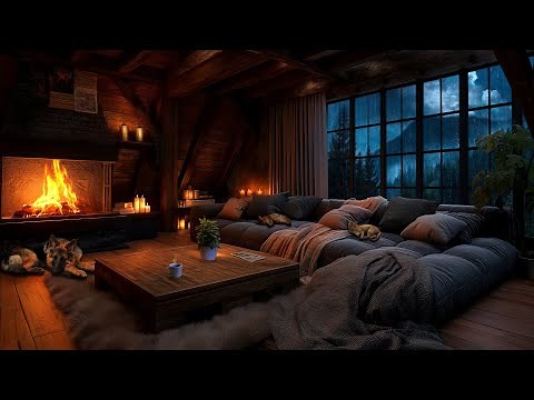 10 HOURS Thunderstorm & Crackling Fireplace | Cozy Living Room, Sleeping Pets & Rainy Mountain View