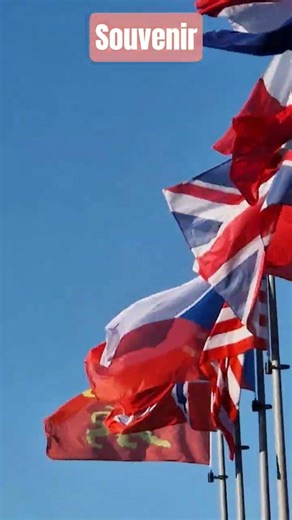 Petit moment de recueillement à Arromanches 🕊️. Drapeaux au vent et souvenirs d'histoire.