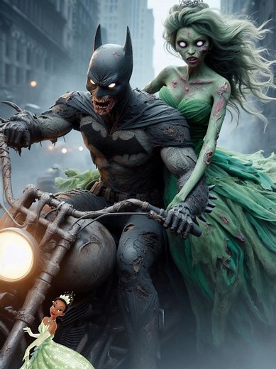 Zombie princess love story riding a motorcycle with batman