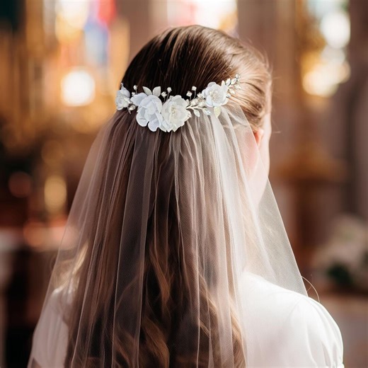 Floral Headpiece for First Communion, Classic White With Veil Flower Girl Crown - Etsy