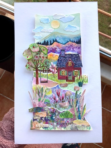 Original Cottage Landscape Paper Collage: Hand Painted Layered Paper Wall Art ( 12.4 × 7.48 Inch ) - Etsy