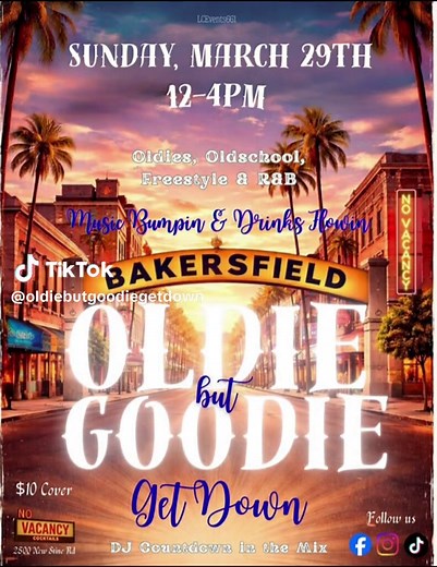 ✨ OLDIE BUT GOODIE GETDOWN ✨ 🎶💃🏼 New Location 🎶💃🏽 Pull up Sunday, March 29th | 12PM–4PM for a day party packed with classic throwbacks, old school oldies, and hip-hop and R&B jams that hit the soul 🎧🔥 🌞 Day vibes 🍹 Drinks flowin’ 🎶 Classics bumpin’ 🫶🏽 Good music, good drinks & GOOD PEOPLE 📍 No Vacancy Cocktails 2500 New Stine Rd, Bakersfield, CA 🎧 DJ Countdown on the set 🔞 21 | 💵 $10 cover Come early, leave happy — this one’s for the culture ✨ Tag your crew & meet us on the danc