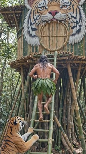 Jungle Survivor Escapes a Giant Tiger 😱🤯 Hidden Tiger Face Treehouse Survival#shorts