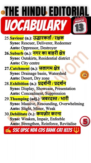 The Hindu Editorial Vocab: 6 TOP Words with Hindi Meaning | 13 March 26 | UPSC SSC IELTS BANK CAT