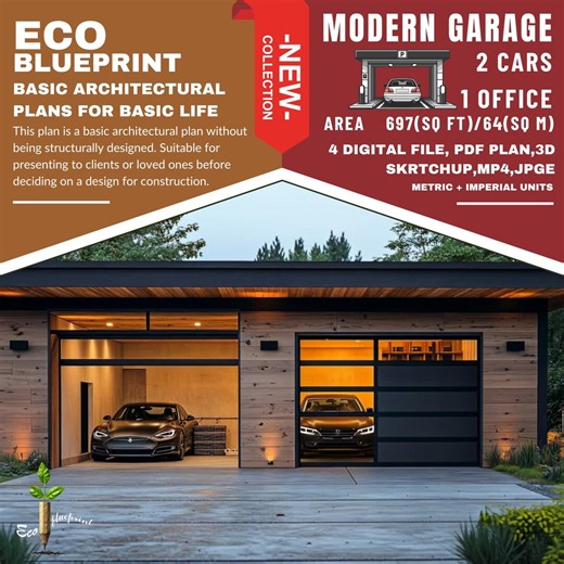 Modern 2-car Garage Plan With Storage (PDF, SKP, MP4, JPG) - Etsy