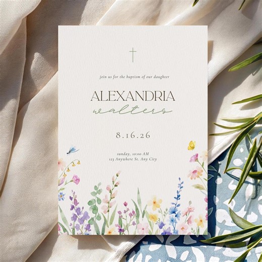 Wildflower Baptism Invitation Template | Floral Baptism Invite Printable | Editable Canva Evite | Christening Invite - Etsy