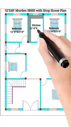 32’x40’ Modern 3BHK House Plan with Shop | Ground Floor Commercial + Residential Design