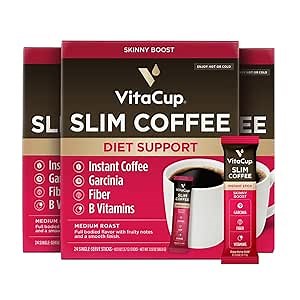 VitaCup Slim Instant Coffee Packets, with Garcinia, Fiber, B Vitamins, Skinny Coffee, Bold & Smooth, Medium Dark Roast, 100% Arabica Coffee in Single Serve Sticks, 72 Ct