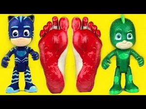 Learn Colors with Pj Masks Toys and Feet Painting. Finger paint, learn colors with Nursery Rhymes