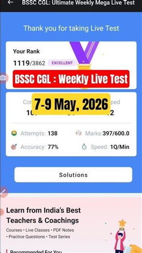 7-9 May, 2026, BSSC CGL Ultimate Weekly Mega Live Test 🔥 Marks-3#7🔥 #bssc #bssccgl