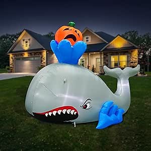 8FT Long Halloween Inflatable Whale and Pumpkin Outdoor Decoration, Giant Whale and Pumpkin Inflatables with LED Lights for Yard, Lawn and Halloween Outdoor Decoration