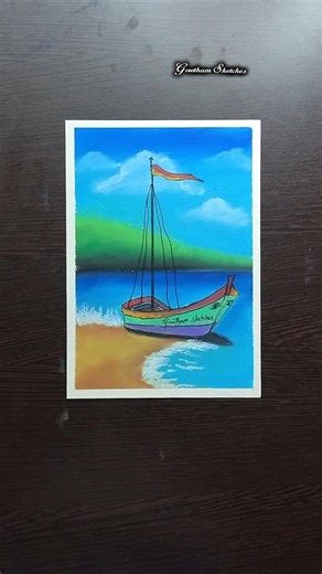 Beautiful Boat Scenery Drawing with Oil Pastels | Easy Beach Landscape Art | Step by Step Shorts