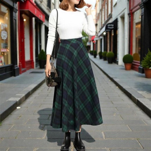 Long Plaid High-waisted Midi Skirt | Winter Retro College Style | Knee-length Flared Hem - Etsy