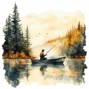10 Man Fishing Clipart - Watercolor Boat Fishing & Lake Landscape (PNG/JPG Digital Download) - Etsy