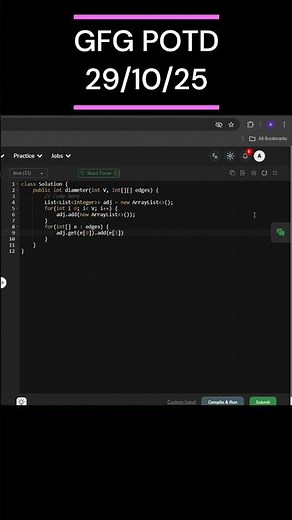 Graph Diameter | GFG POTD | 29/10/2025 #coding #gfg #potd #java #cpp
