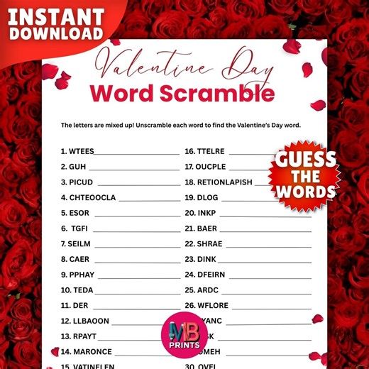 Valentine Day Word Scramble Printable, Fun Word Scramble Classroom Activity PDF, Valentine Party Game, Word Scramble Puzzle Digital Download - Etsy