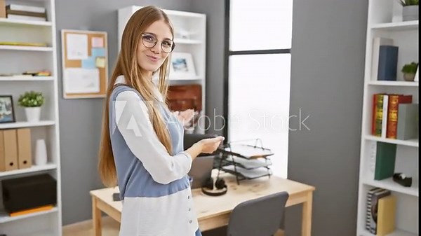Cheerful inviting glance, young blonde, business worker, welcomes with a natural smile and open hand at her airy office