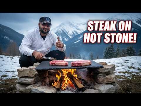 Primitive Steak Cooking on Hot Stone | Solo Riverside Camping #solocamping #survival #camping