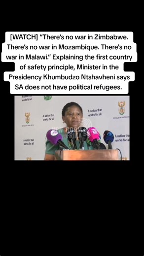 [WATCH] “There’s no war in Zimbabwe. There’s no war in Mozambique. There's no war in Malawi.” Explaining the first country of safety principle, Minister in the Presidency Khumbudzo Ntshavheni says SA does not have political refugees. #latestnews #newsroomafrica #southafricatiktok🇿🇦 #fyp