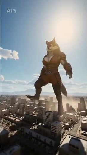 Fictional giantess Amazon wolf furry girl stomping a abandoned micro city to rubble