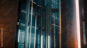 Video animation of odern building illuminated at night. Vertical glass panels are prominently featured in the architecture. The glass reflects the blue ambient light