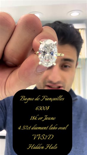 Bague de fiançailles diamant ovale 4.57ct 💍✨ Or jaune 18K • VVS2 • Couleur D • Halo caché Luxe et éclat éternel à 6300$. Coupe ovale intemporelle avec halo caché pour une brillance maximale. La bague parfaite pour une demande inoubliable. #engagementring #quebec #diamond #baguedefiançailles #montreal