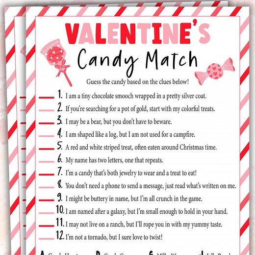 Fun Printable Valentine Candy Match Game With Candy Clues | Valentine Day Printable Game for All Ages | Classroom Guess the Candy Game - Etsy