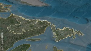 Newfoundland and Labrador, province with its capital, zoomed and extruded on the satellite map of Canada in the conformal Stereographic projection. Animation 3D