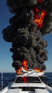Massive, Fiery Explosion Erupts from Luxury Yacht on Open Water, Sending Plumes of Thick Black Smoke Billowing into Clear Blue Skies