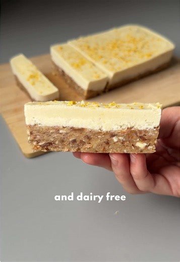 FROZEN LEMON BARS 🍋 INGREDIENTS: Base: ▪ 1½ cups mixed nuts (almonds, walnuts, cashews, etc.) (200g) ▪ 1½ cups pitted dates (200g) Filling: ▪ 2 cups raw cashews, soaked at least 4h (250g) ▪ ½ cup canned coconut milk (use the creamy part) (100g) ▪ ¼ cup honey or sweetener of choice (50g) ▪ Juice of 2 lemons ▪ Lemon zest (for topping) 🧊 Time: Freeze at least 4 hours 1️⃣ Blend the nuts and dates until sticky and combined. 2️⃣ Press the mixture into a parchment-lined rectangular pan. 3️⃣ Blend soa