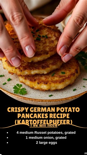 Crispy 🍂 German Potato Pancakes Recipe (Kartoffelpuffer) Ingredients: 4 medium Russet potatoes, grated 1 medium onion, grated 2 large eggs 3 tablespoons all-purpose flour 1/2 teaspoon salt 1/4 teaspoon black pepper 2–3 tablespoons vegetable oil, for frying Optional: Applesauce, sour cream, bratwurst, or cranberry sauce for serving Directions: ..... Full Recipe in Coʍmеոτ 💬 🌛 | Mommy Needs A Recipe