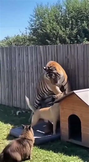 😱Maine Coon Cat Fights Off Tiger To Save Dog And Puppies! INSANE Animal Battle🥵#wildlife #tiger #cat
