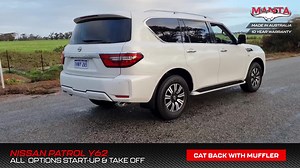 This video displays all variant sound options for TAKE OFF & START-UP for the Nissan Patrol Y62 Manta Performance Exhaust System. THE Y62 RANGE COME IN 6 VARIANT SOUND OPTIONS: (video order) 1. Centre muffler only 2. Catback with muffler 3. Catback with centre muffler cat deletes 4. Centre hotdog only 5. Catback with hotdog 6. Catback with hotdog cat deletes Our Y62 system is a free-flowing design that gives a dynoed increase of up to 22hp while simultaneously reducing fuel consumption by up to 
