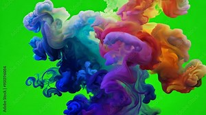 Color Burst - colorful orange cyan magenta pink yellow smoke explosion fluid gas ink particles slow motion isolated on green screen