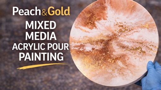 Peach & gold mixed media acrylic pour painting