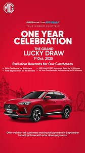 🌟 MG HS PHEV 1 Year Celebration! 🚀 Celebrate the future of eco-friendly driving with Pakistan's True Hybrid Electric SUV! We're marking a major milestone and rewarding our valued customers through a Grand Lucky Draw on October 1st, 2025. Exclusive Rewards Await You: • 50% Cashback for 3 Winners • Free Registration for 10 Winners • Low-Interest Rate Insurance (1.55%) for 10 Winners • 1st Year Free Periodic Maintenance for 20 Winners Be part of the innovation revolution by participating in the l