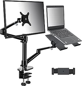 Viozon Monitor and Laptop or Tablet Mount, 3-in-1 Adjustable Dual Arm Desk Stands Monitor Arm for 17-32'' Computer Screens, Tablet Arm for Extra 4.5-13'' Tablet&Phone Tray Fits 12-17'' Laptop (OL-3T)