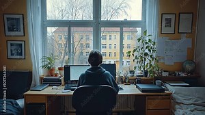 Student sitting at dorm room desk with campus view, College dormitory workspace interior with natural lighting and university landscape through window Stock Video
