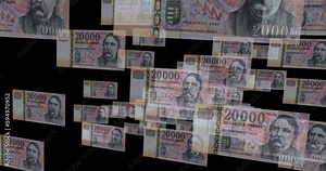Hungarian Forint 20000 HUF banknote loop. Flying between transparent money Hungary note. 3D seamless looped abstract concept of business, economy, finance, crisis and banking.