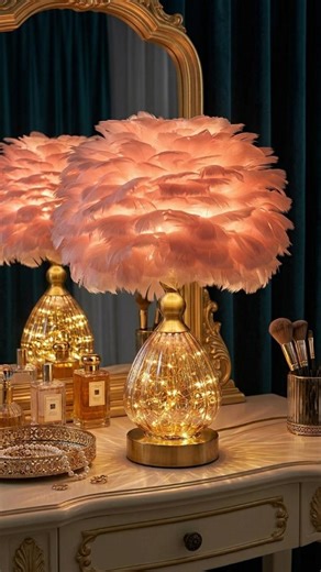 Pink Feather Table Lamp | Crystal Glass Gold Base With Fairy Lights Luxury Bedside Lamp | Romantic Night Light Vanity Lamp E27 Gift for Her - Etsy