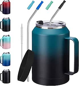32/50oz Mug Tumbler with Handle and Straw - 32 oz Stainless Steel Wide Mouth Travel Coffee Cups w/ Lid, Reusable Home Office Work Mugs, Double Wall Vacuum Insulated Bottle Keep Cold 36 Hrs Hot 24 Hrs