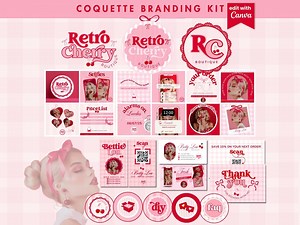 Coquette Retro Branding Kit: Cherry Bow Design (editable Canva Template) - Etsy